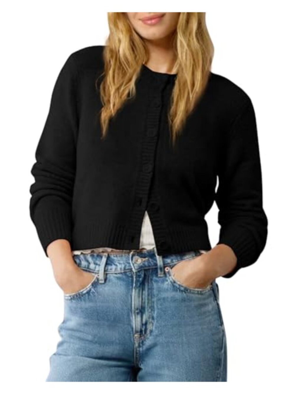 Cropped Cardigan Sweater Shrug Crew Neck Long Sleeve Open Front Button Knit